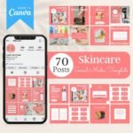 Customizable skincare social media templates with options to add brand colors, fonts, and personal images