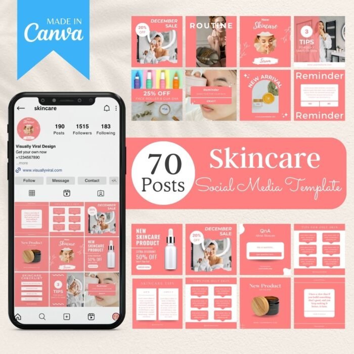 Customizable skincare social media templates with options to add brand colors, fonts, and personal images