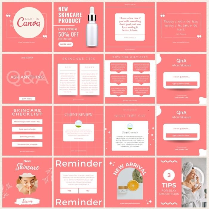 Customizable skincare social media templates with options to add brand colors, fonts, and personal images