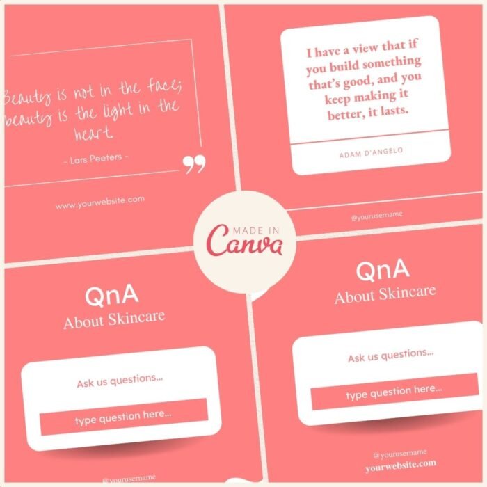 Customizable skincare social media templates with options to add brand colors, fonts, and personal images