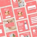 Customizable skincare social media templates with options to add brand colors, fonts, and personal images