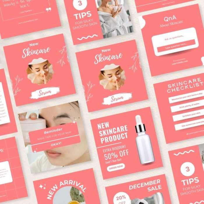 Customizable skincare social media templates with options to add brand colors, fonts, and personal images