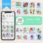 Colorful assortment of Retro Y2K Instagram Templates featuring bold colors, funky patterns, and nostalgic early 2000s design elements. Perfect for fashion influencers, lifestyle bloggers, and brands looking to elevate their Instagram feed with customizable Canva templates