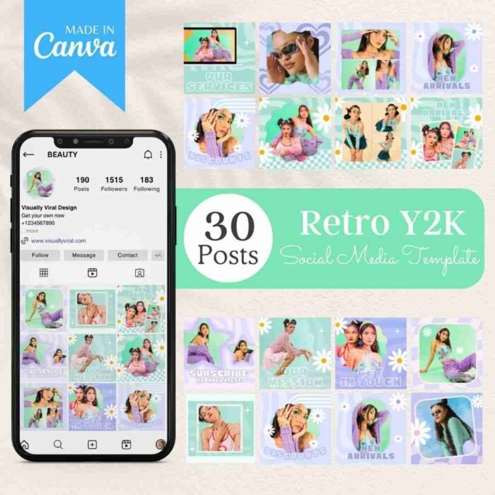 Colorful assortment of Retro Y2K Instagram Templates featuring bold colors, funky patterns, and nostalgic early 2000s design elements. Perfect for fashion influencers, lifestyle bloggers, and brands looking to elevate their Instagram feed with customizable Canva templates