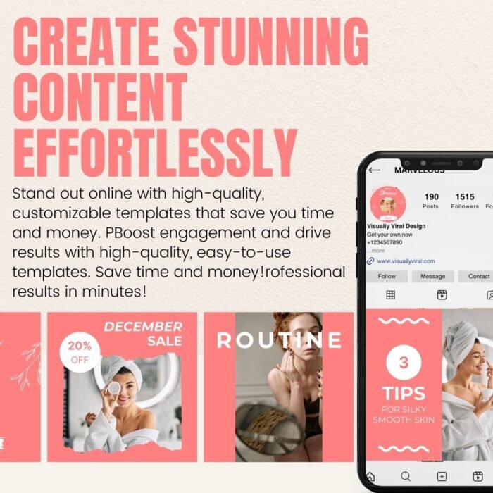 Customizable skincare social media templates with options to add brand colors, fonts, and personal images