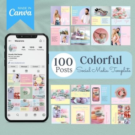 100 Colorful Instagram Post Templates for Canva featuring vibrant and customizable designs ideal for beauty businesses, bloggers, estheticians, real estate agents, and clothing boutiques. Includes 8 Colorful Boho Rainbow designs (EPS, SVG, PNG) for added creativity