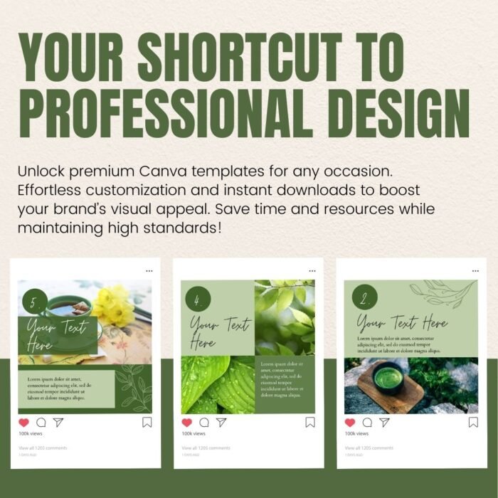 100 Natural Green Instagram Templates by Visually Viral. The image showcases a collection of beautifully designed Instagram post templates, featuring elegant natural green tones, perfect for beauty businesses, bloggers, and entrepreneurs. The designs include a mix of text, image placeholders, and interactive elements, demonstrating versatility and sophistication.