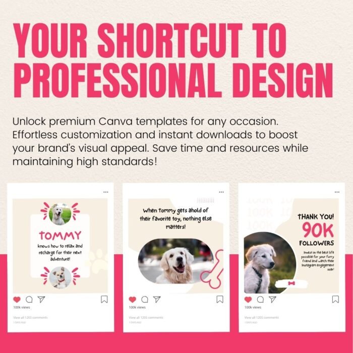 147 Pet Social Media Templates by Visually Viral. The image showcases a collection of professionally designed Instagram and Pinterest post templates, featuring adorable and engaging pet-themed graphics. The designs include a mix of text, image placeholders, and interactive elements, demonstrating versatility and appeal.