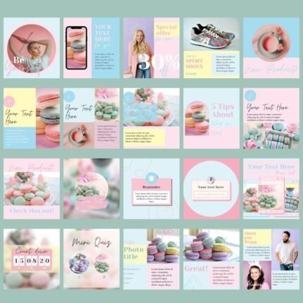 100 Colorful Instagram Post Templates for Canva featuring vibrant and customizable designs ideal for beauty businesses, bloggers, estheticians, real estate agents, and clothing boutiques. Includes 8 Colorful Boho Rainbow designs (EPS, SVG, PNG) for added creativity