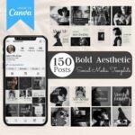 150 Bold Editorial Aesthetic Instagram Templates featuring customizable designs in neutral beige and grey, perfect for business owners and content creators