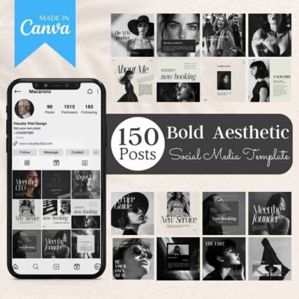 150 Bold Editorial Aesthetic Instagram Templates featuring customizable designs in neutral beige and grey, perfect for business owners and content creators