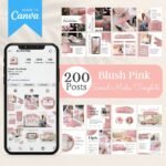 200 Blush Pink Instagram Templates by Visually Viral. The image showcases a collection of beautifully designed Instagram post and story templates, featuring elegant blush pink tones, perfect for beauty businesses, bloggers, and entrepreneurs. The designs include a mix of text, image placeholders, and interactive elements, demonstrating versatility and sophistication.