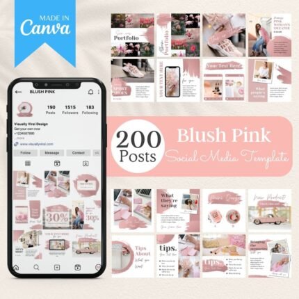 200 Blush Pink Instagram Templates by Visually Viral. The image showcases a collection of beautifully designed Instagram post and story templates, featuring elegant blush pink tones, perfect for beauty businesses, bloggers, and entrepreneurs. The designs include a mix of text, image placeholders, and interactive elements, demonstrating versatility and sophistication.