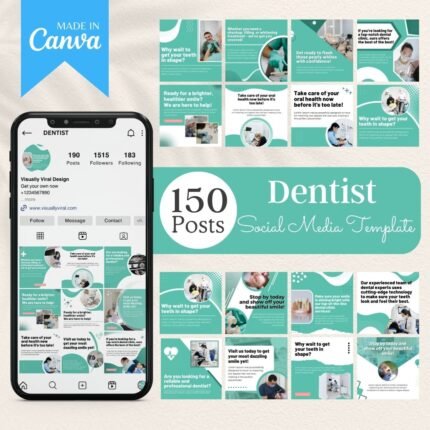 150 Dental Social Media Templates by Visually Viral. The image showcases a collection of professionally designed Instagram and Pinterest post templates, featuring tailored graphics for the dental industry. The designs include a mix of text, image placeholders, and interactive elements, demonstrating versatility and professionalism.