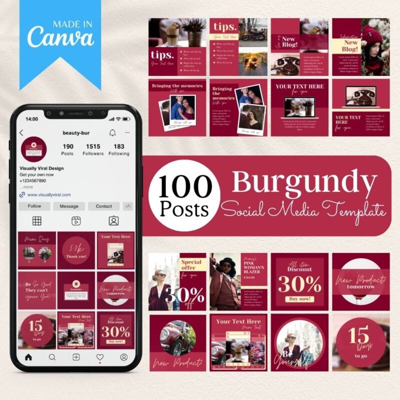 100 Beauty Burgundy Instagram Templates by Visually Viral. The image showcases a collection of professionally designed Instagram post templates, featuring elegant burgundy tones, perfect for beauty businesses, bloggers, and estheticians. The designs include a mix of text, image placeholders, and interactive elements, demonstrating versatility and sophistication.