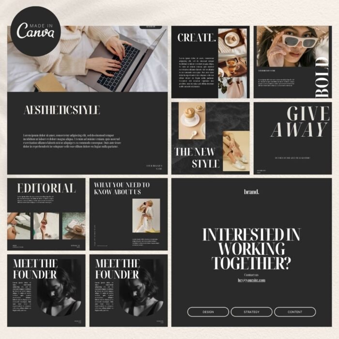 165 Bold Editorial Aesthetic Instagram Templates by Visually Viral. The image showcases a collection of professionally designed Instagram post templates, featuring modern neutral beige and grey tones, perfect for coaches, virtual assistants, social media managers, and fashion brands. The designs are visually appealing with a mix of text, image placeholders, and call-to-action elements, demonstrating versatility and sophistication