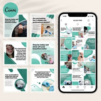 150 Dental Social Media Templates by Visually Viral. The image showcases a collection of professionally designed Instagram and Pinterest post templates, featuring tailored graphics for the dental industry. The designs include a mix of text, image placeholders, and interactive elements, demonstrating versatility and professionalism.