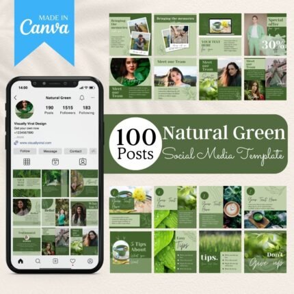 100 Natural Green Instagram Templates by Visually Viral. The image showcases a collection of beautifully designed Instagram post templates, featuring elegant natural green tones, perfect for beauty businesses, bloggers, and entrepreneurs. The designs include a mix of text, image placeholders, and interactive elements, demonstrating versatility and sophistication.