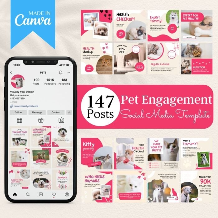 147 Pet Social Media Templates by Visually Viral. The image showcases a collection of professionally designed Instagram and Pinterest post templates, featuring adorable and engaging pet-themed graphics. The designs include a mix of text, image placeholders, and interactive elements, demonstrating versatility and appeal.