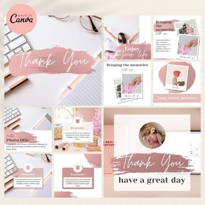 200 Blush Pink Instagram Templates by Visually Viral. The image showcases a collection of beautifully designed Instagram post and story templates, featuring elegant blush pink tones, perfect for beauty businesses, bloggers, and entrepreneurs. The designs include a mix of text, image placeholders, and interactive elements, demonstrating versatility and sophistication.