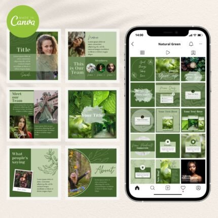 100 Natural Green Instagram Templates by Visually Viral. The image showcases a collection of beautifully designed Instagram post templates, featuring elegant natural green tones, perfect for beauty businesses, bloggers, and entrepreneurs. The designs include a mix of text, image placeholders, and interactive elements, demonstrating versatility and sophistication.