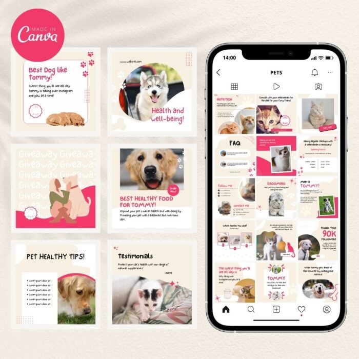 147 Pet Social Media Templates by Visually Viral. The image showcases a collection of professionally designed Instagram and Pinterest post templates, featuring adorable and engaging pet-themed graphics. The designs include a mix of text, image placeholders, and interactive elements, demonstrating versatility and appeal.