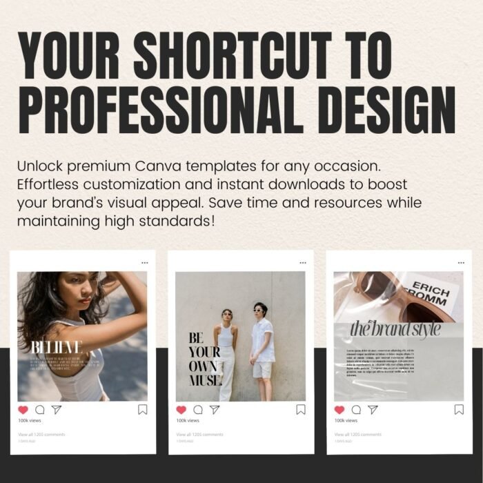 165 Bold Editorial Aesthetic Instagram Templates by Visually Viral. The image showcases a collection of professionally designed Instagram post templates, featuring modern neutral beige and grey tones, perfect for coaches, virtual assistants, social media managers, and fashion brands. The designs are visually appealing with a mix of text, image placeholders, and call-to-action elements, demonstrating versatility and sophistication