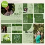 100 Natural Green Instagram Templates by Visually Viral. The image showcases a collection of beautifully designed Instagram post templates, featuring elegant natural green tones, perfect for beauty businesses, bloggers, and entrepreneurs. The designs include a mix of text, image placeholders, and interactive elements, demonstrating versatility and sophistication.