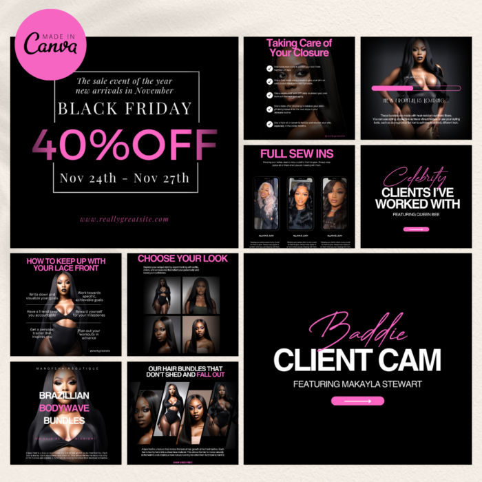 25 Hairstylist Instagram Post Templates by Visually Viral. The image showcases a collection of professionally designed Instagram post templates, featuring stylish and vibrant designs for hairstylists and hair salons. The designs include a mix of text, image placeholders, and interactive elements, demonstrating versatility and professionalism.