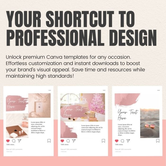 200 Blush Pink Instagram Templates by Visually Viral. The image showcases a collection of beautifully designed Instagram post and story templates, featuring elegant blush pink tones, perfect for beauty businesses, bloggers, and entrepreneurs. The designs include a mix of text, image placeholders, and interactive elements, demonstrating versatility and sophistication.