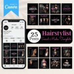 25 Hairstylist Instagram Post Templates by Visually Viral. The image showcases a collection of professionally designed Instagram post templates, featuring stylish and vibrant designs for hairstylists and hair salons. The designs include a mix of text, image placeholders, and interactive elements, demonstrating versatility and professionalism.