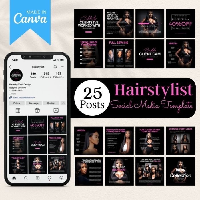 25 Hairstylist Instagram Post Templates by Visually Viral. The image showcases a collection of professionally designed Instagram post templates, featuring stylish and vibrant designs for hairstylists and hair salons. The designs include a mix of text, image placeholders, and interactive elements, demonstrating versatility and professionalism.