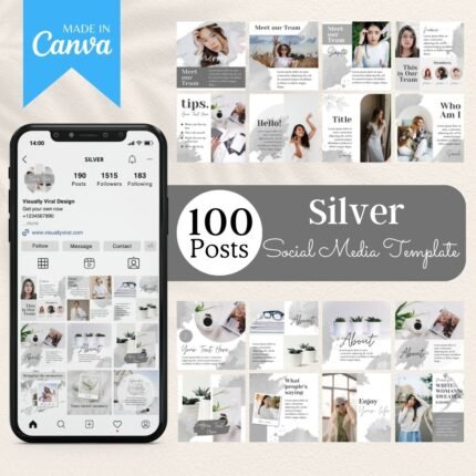 200 Silver Instagram Templates by Visually Viral. The image showcases a collection of professionally designed Instagram post and story templates, featuring elegant silver tones, perfect for beauty businesses, bloggers, and entrepreneurs. The designs include a mix of text, image placeholders, and interactive elements, demonstrating versatility and sophistication.